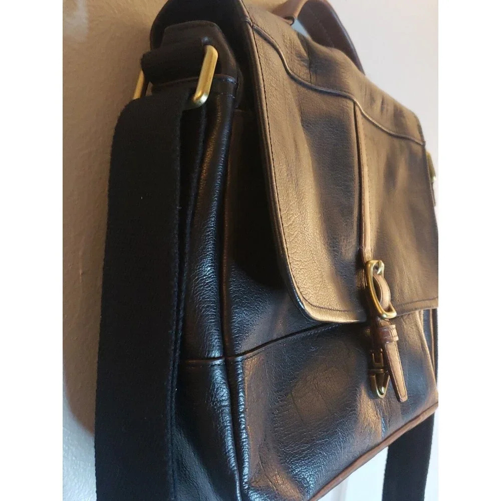 Fossil Evan Leather Commuter Crossbody Bag Black Brown Push Lock Closure 10x4" - Picture 3 of 10
